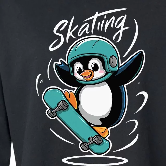 Skating Penguin Skateboard Funny Skater Penguin Cropped Pullover Crew