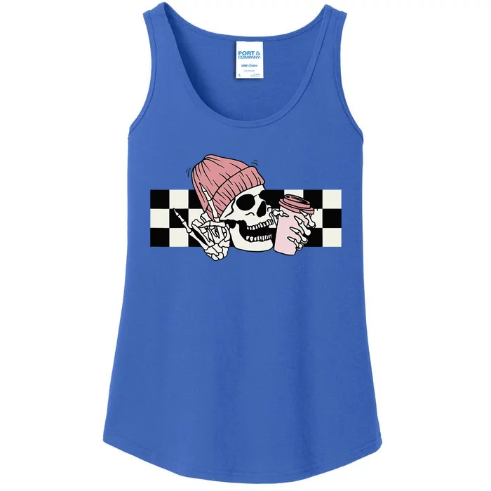 Skeleton Peace Sign Coffee Checkerboard Ladies Essential Tank