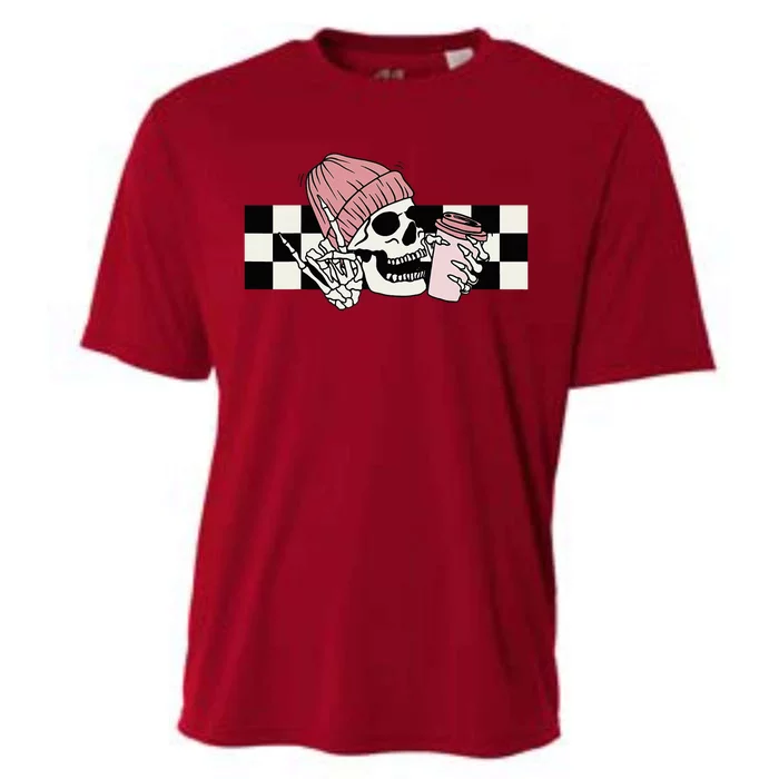 Skeleton Peace Sign Coffee Checkerboard Cooling Performance Crew T-Shirt