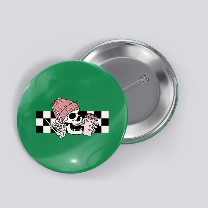 Skeleton Peace Sign Coffee Checkerboard Button