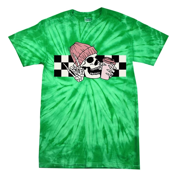 Skeleton Peace Sign Coffee Checkerboard Tie-Dye T-Shirt