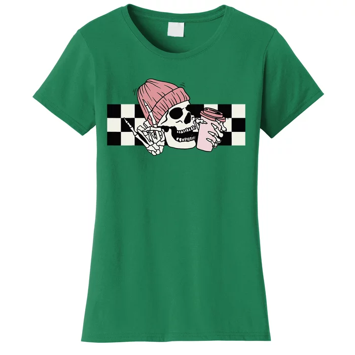 Skeleton Peace Sign Coffee Checkerboard Women's T-Shirt