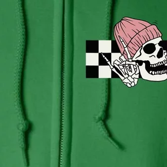 Skeleton Peace Sign Coffee Checkerboard Full Zip Hoodie