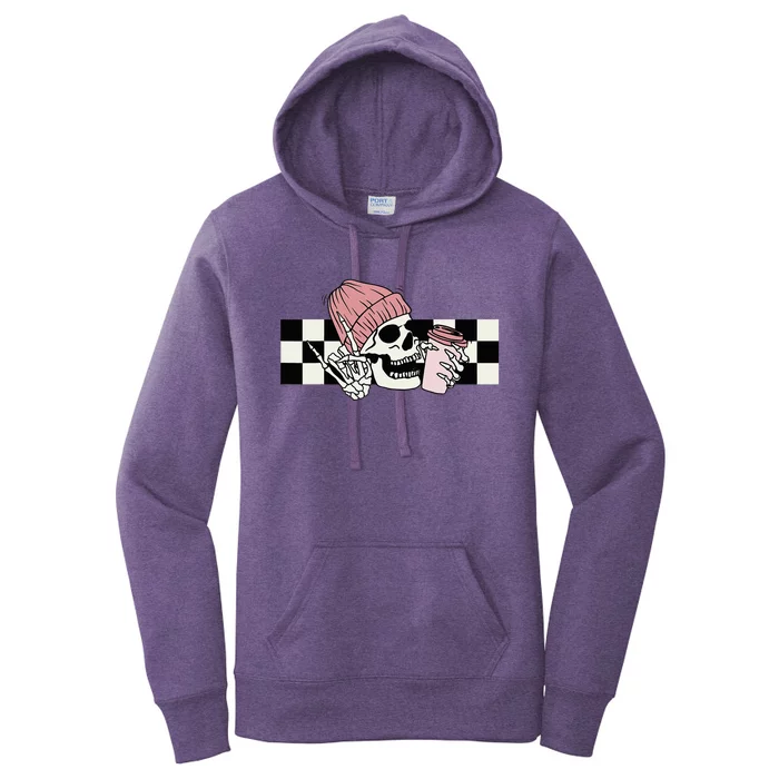 Skeleton Peace Sign Coffee Checkerboard Women's Pullover Hoodie