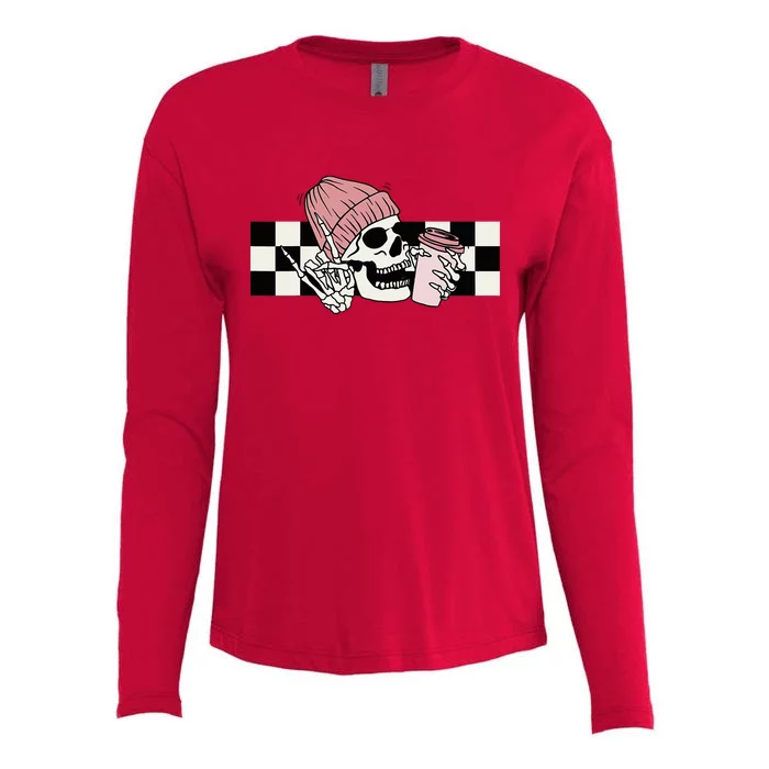 Skeleton Peace Sign Coffee Checkerboard Womens Cotton Relaxed Long Sleeve T-Shirt