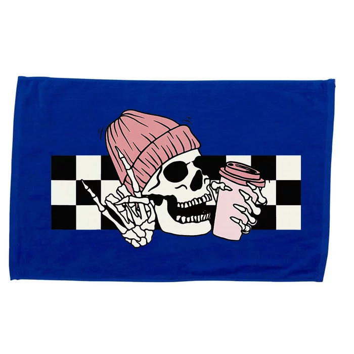 Skeleton Peace Sign Coffee Checkerboard Microfiber Hand Towel