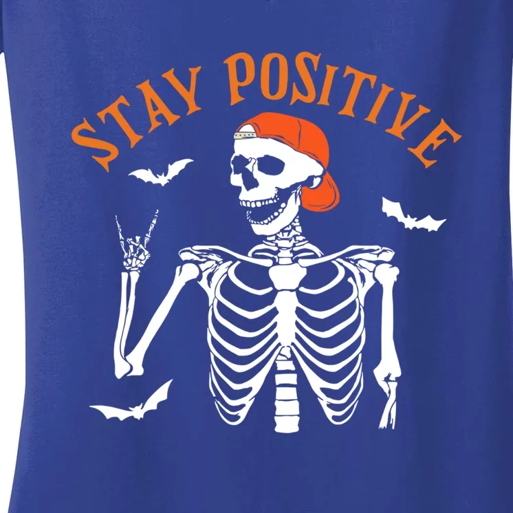 Stay Positive Skeleton Spooky Season Halloween Retro Funny Gift Women's V-Neck T-Shirt