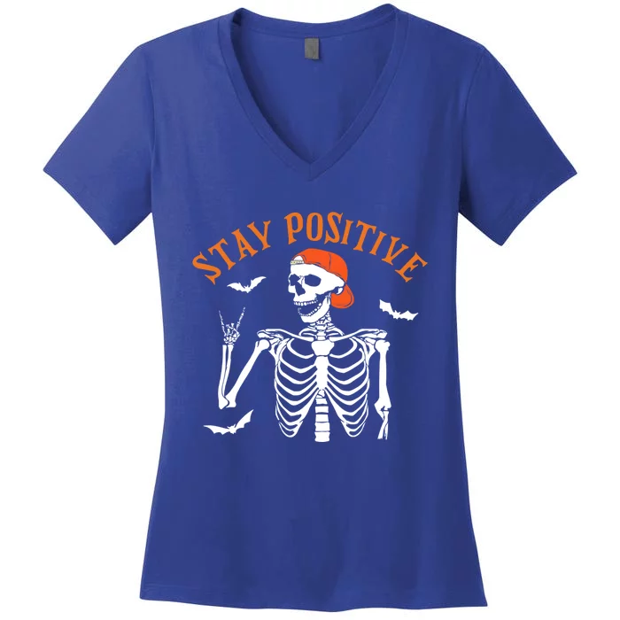 Stay Positive Skeleton Spooky Season Halloween Retro Funny Gift Women's V-Neck T-Shirt