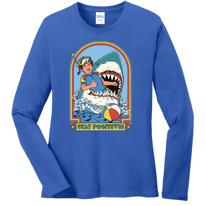 Stay Positive Shark Attack Comic Ladies Long Sleeve Shirt