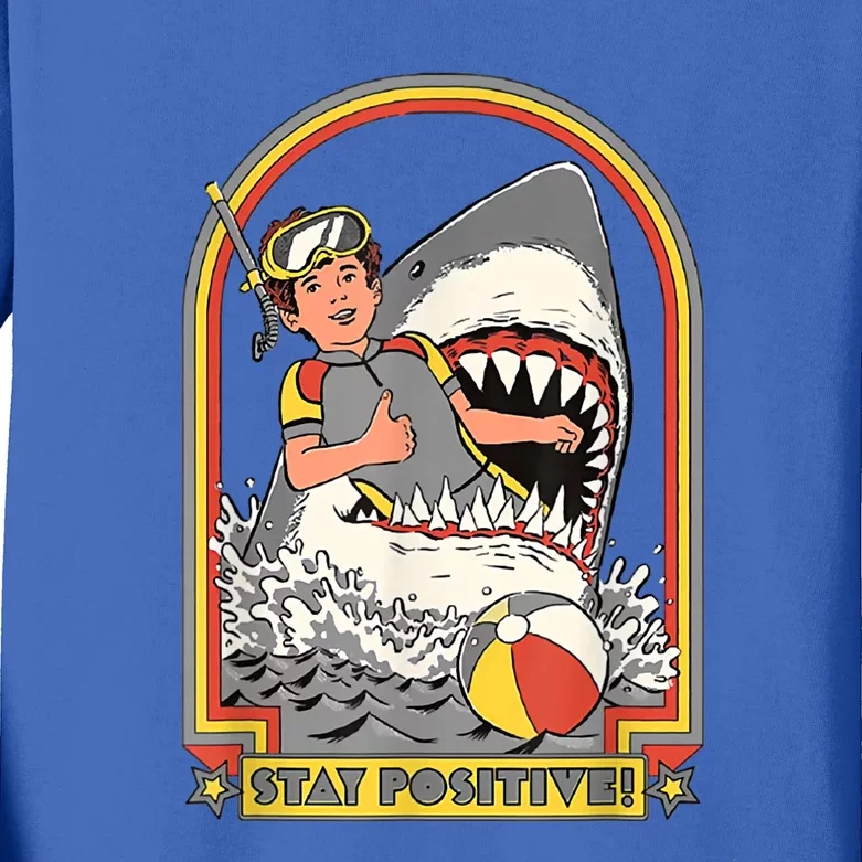 Stay Positive Shark Attack Vintage Retro Comedy Funny Gift Kids Long Sleeve Shirt