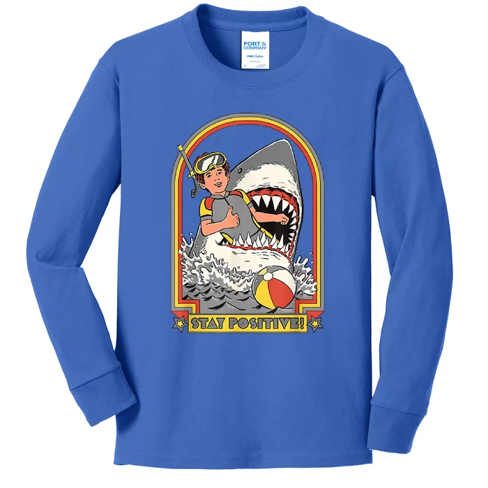 Stay Positive Shark Attack Vintage Retro Comedy Funny Gift Kids Long Sleeve Shirt