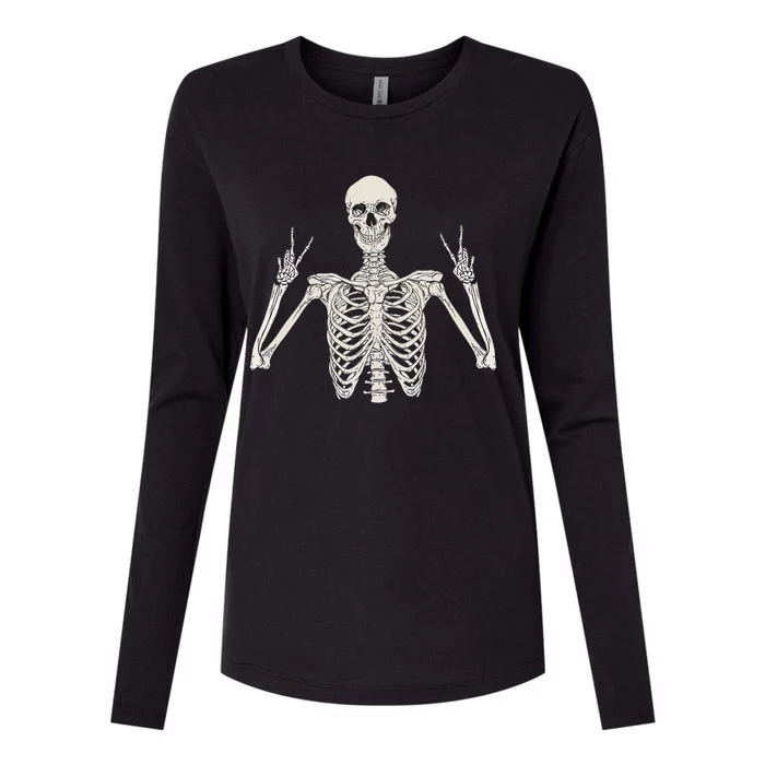 Skeleton Peace Sign Hand Spooky Skull Fun Halloween Costume Gift Womens Cotton Relaxed Long Sleeve T-Shirt