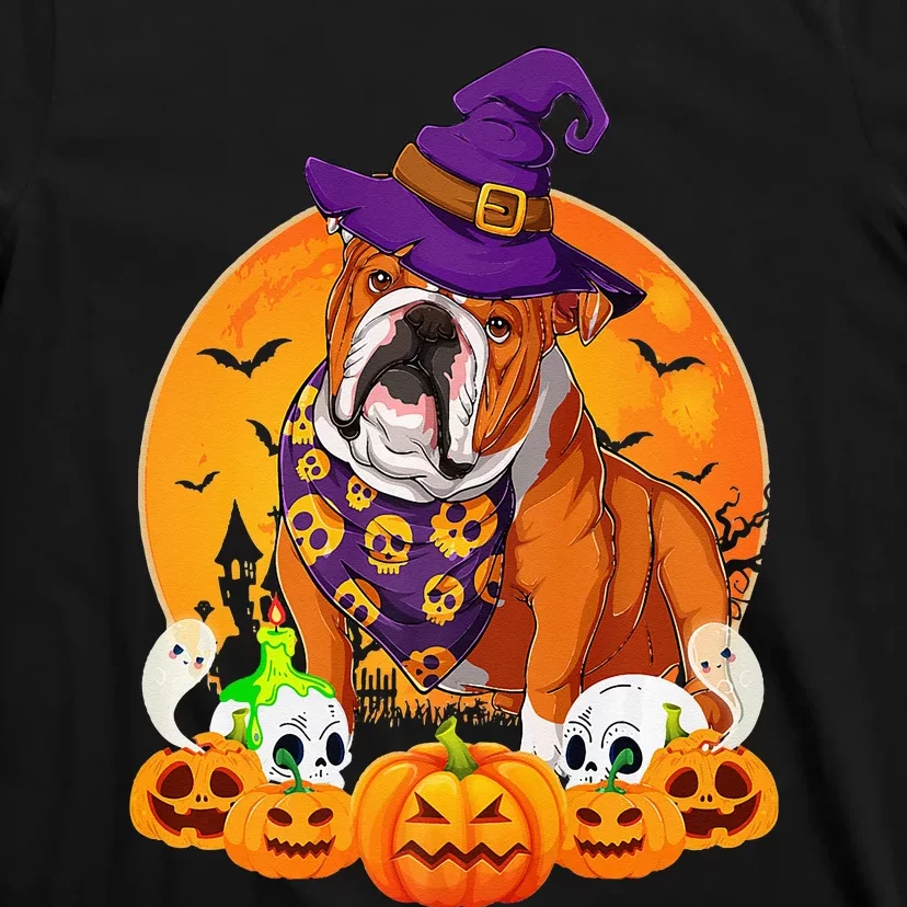 Scary Pumpkin Skull Witch English Bulldog Halloween T-Shirt