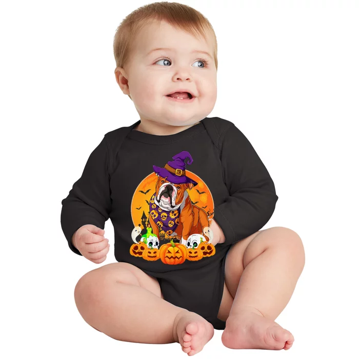 Scary Pumpkin Skull Witch English Bulldog Halloween Baby Long Sleeve Bodysuit