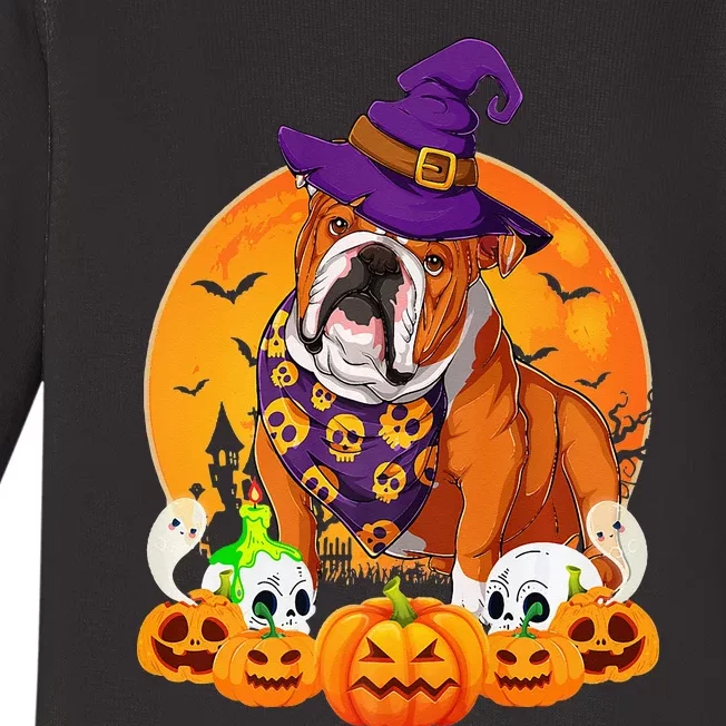 Scary Pumpkin Skull Witch English Bulldog Halloween Baby Long Sleeve Bodysuit