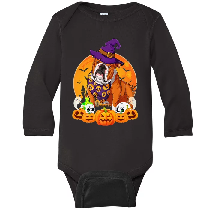 Scary Pumpkin Skull Witch English Bulldog Halloween Baby Long Sleeve Bodysuit