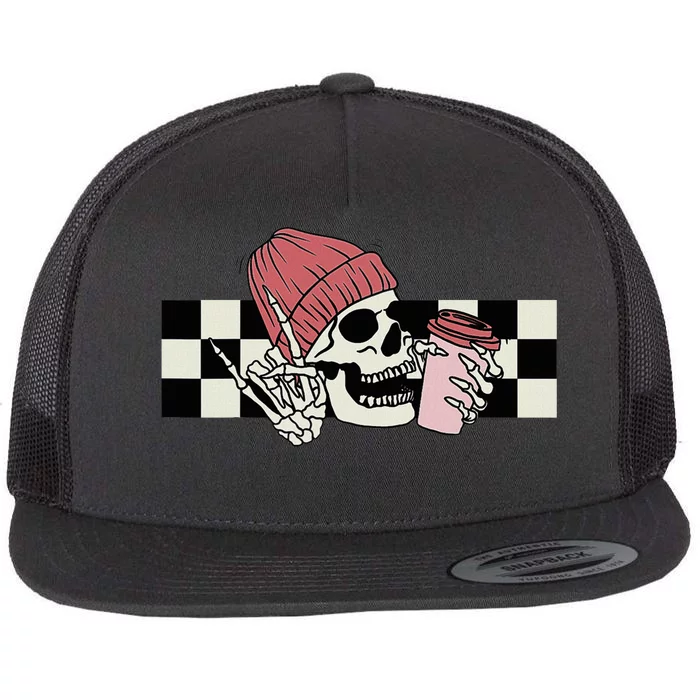 Skeleton Peace Sign Coffee Checkerboard Flat Bill Trucker Hat