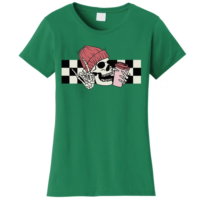 Skeleton Peace Sign Coffee Checkerboard Women's T-Shirt