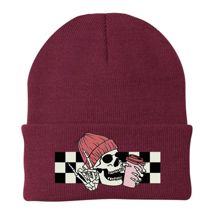 Skeleton Peace Sign Coffee Checkerboard Knit Cap Winter Beanie