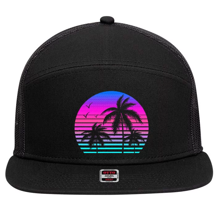 Sunset Palm Tree Cool Summer Vacation Style Vaporwave 7 Panel Mesh Trucker Snapback Hat