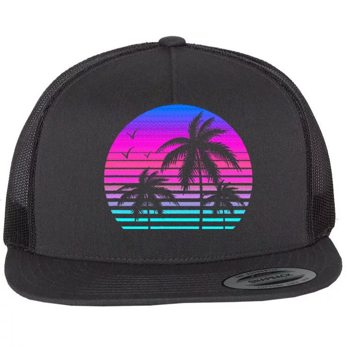 Sunset Palm Tree Cool Summer Vacation Style Vaporwave Flat Bill Trucker Hat