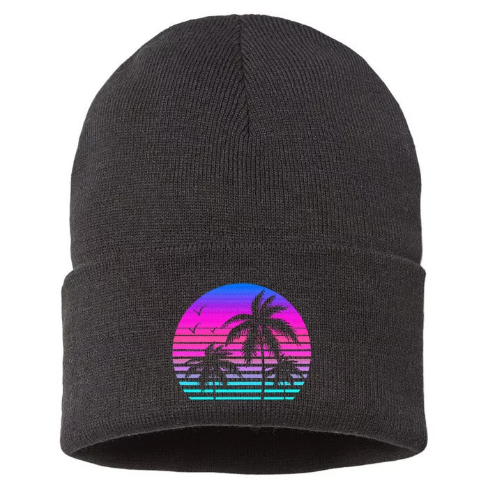 Sunset Palm Tree Cool Summer Vacation Style Vaporwave Sustainable Knit Beanie