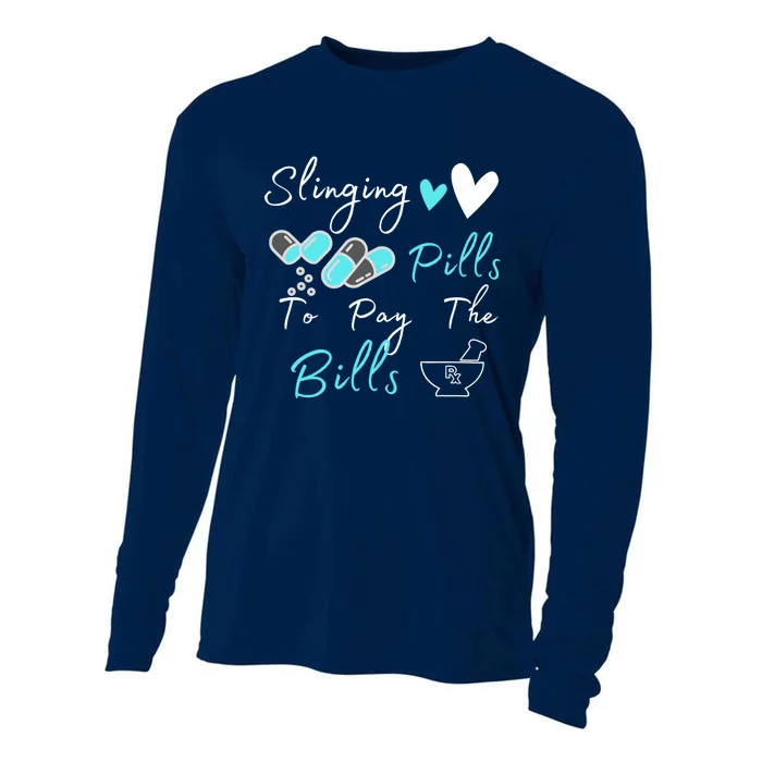 Slinging Pills To Pay The Bills Funny Pharmacist Pharmacy Cooling Performance Long Sleeve Crew