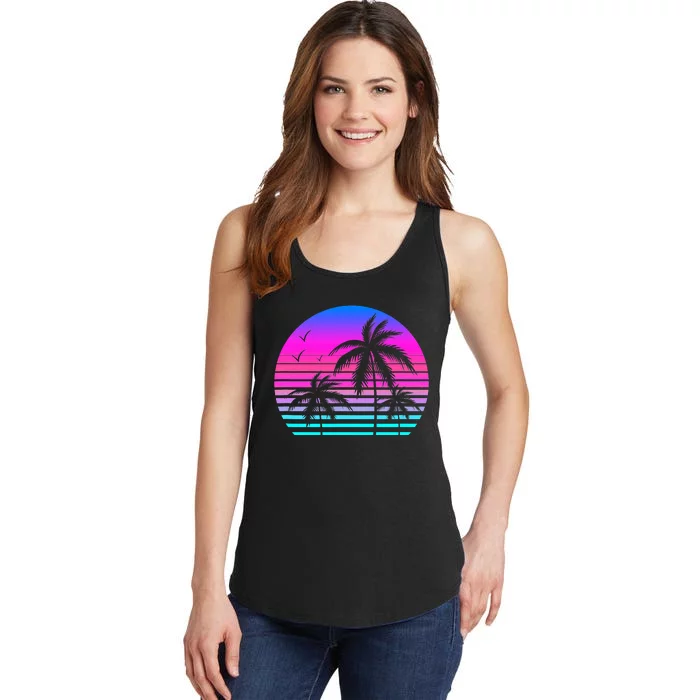 Sunset Palm Tree Cool Summer Vacation Style Vaporwave Ladies Essential Tank