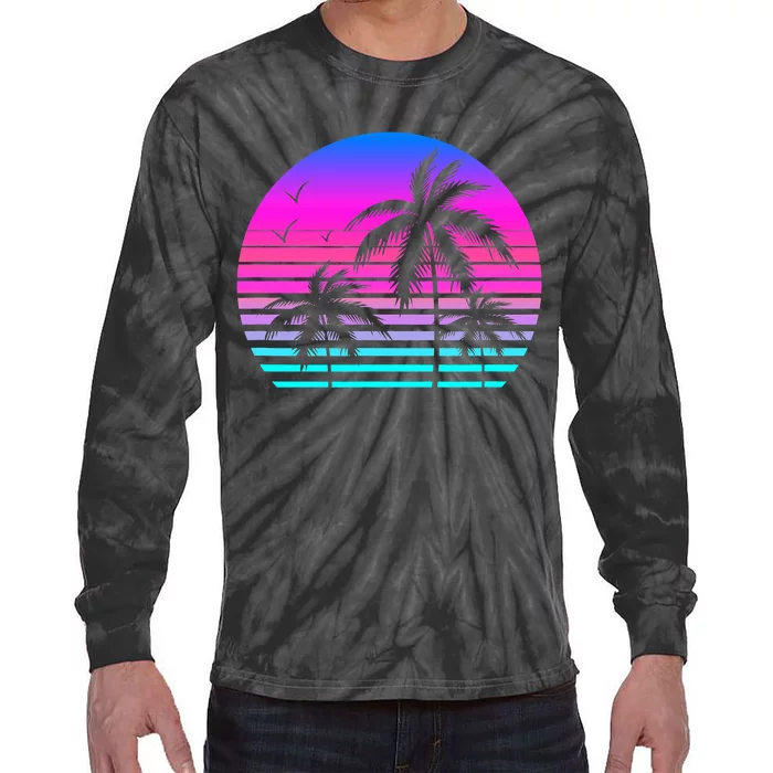 Sunset Palm Tree Cool Summer Vacation Style Vaporwave Tie-Dye Long Sleeve Shirt