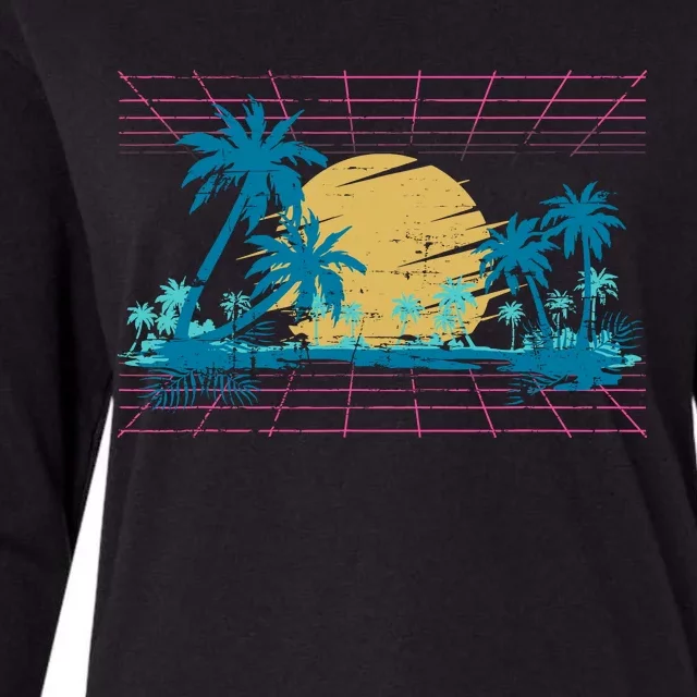 Sunset Palm Trees Beach 80s Art Vaporwave Tropical Summer Womens Cotton Relaxed Long Sleeve T-Shirt