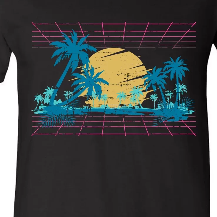 Sunset Palm Trees Beach 80s Art Vaporwave Tropical Summer V-Neck T-Shirt