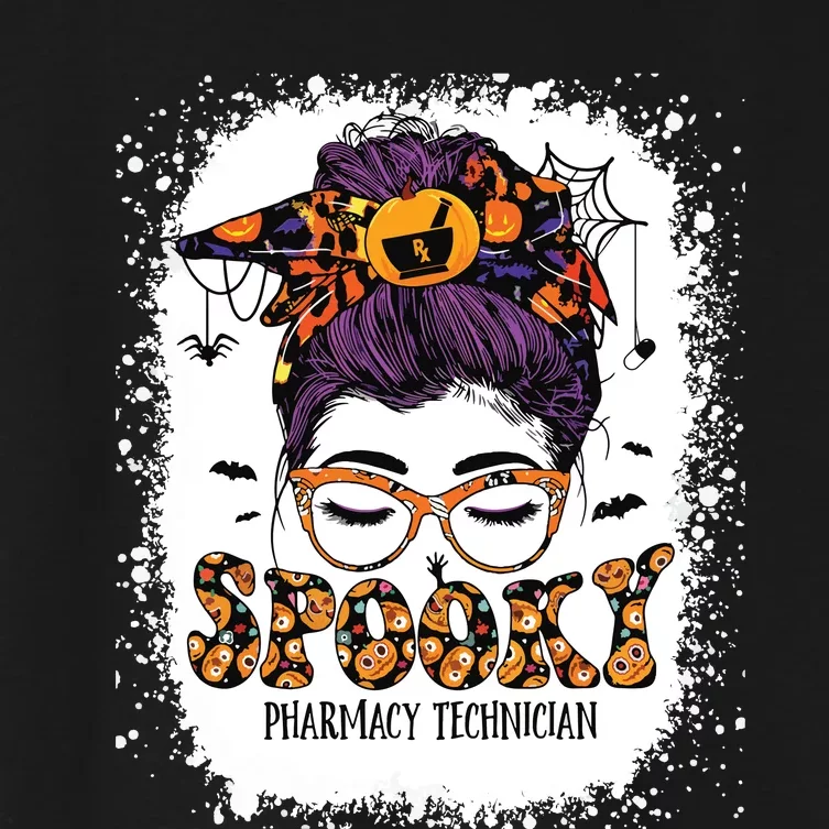 Spooky Pharmacy Tech Bleached Halloween Messy Bun Pharmacist Women's Crop Top Tee