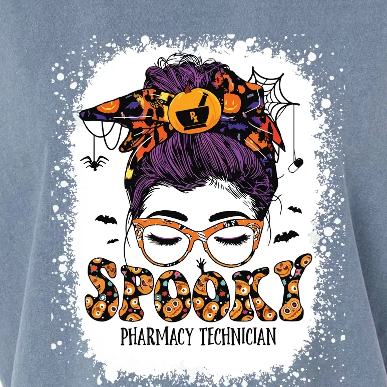 Spooky Pharmacy Tech Bleached Halloween Messy Bun Pharmacist Garment-Dyed Women's Muscle Tee