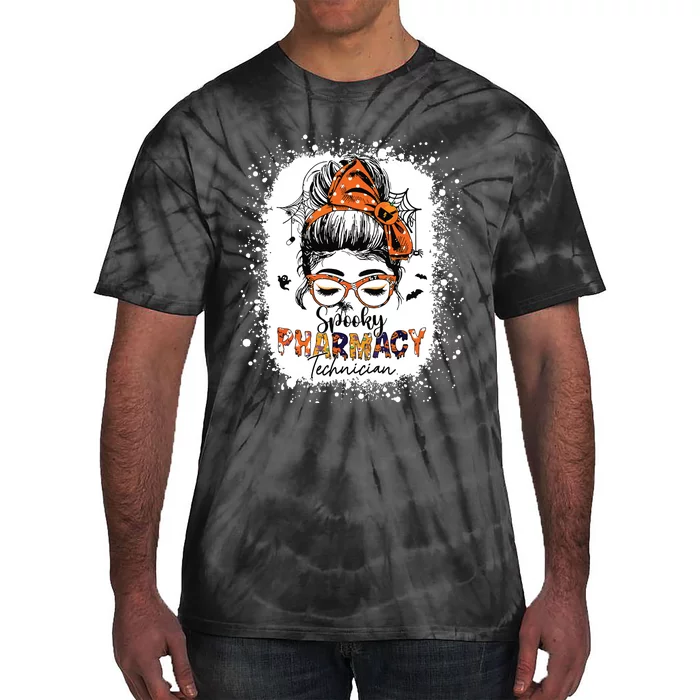 Spooky Pharmacy Tech Women Halloween Messy Bun Pharmacist Tie-Dye T-Shirt