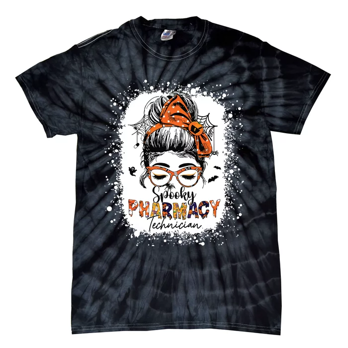 Spooky Pharmacy Tech Women Halloween Messy Bun Pharmacist Tie-Dye T-Shirt