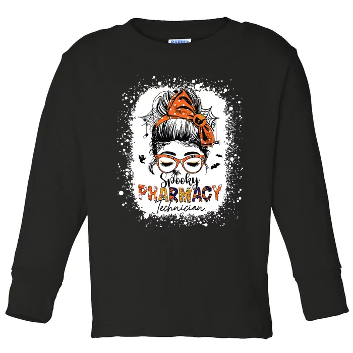 Spooky Pharmacy Tech Women Halloween Messy Bun Pharmacist Toddler Long Sleeve Shirt