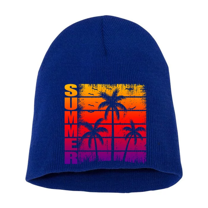 Summer Palm Trees And Sunset Beach Vibes Vacay Vintage Cute Gift Short Acrylic Beanie