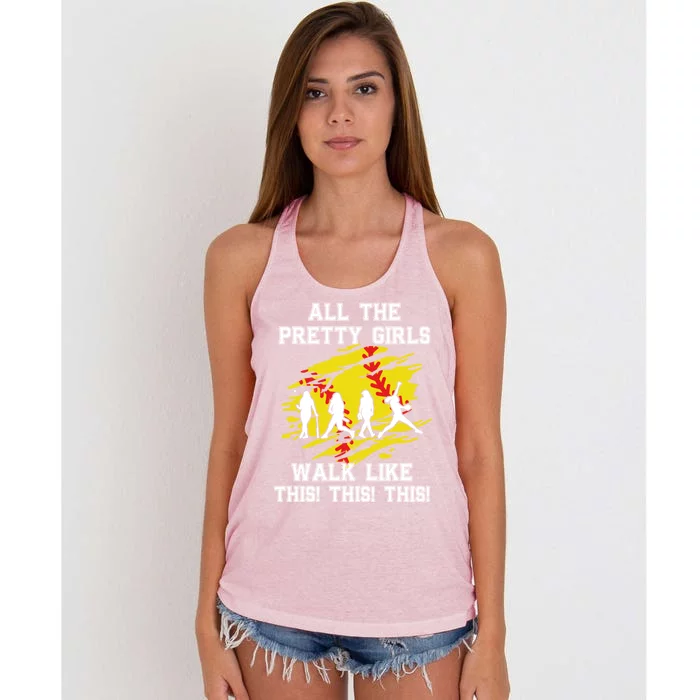 Softball Pretty Walk Like This Funny Softball Player Gift Women's Knotted Racerback Tank