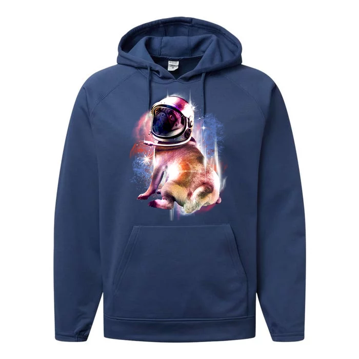 Space Pug Wearing Helmet Performance Fleece Hoodie