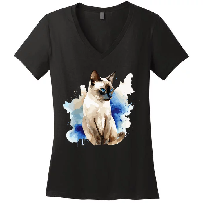 Siamese Painting Watercolor Kitten Cat Lover Siamois Kitty Women's V-Neck T-Shirt