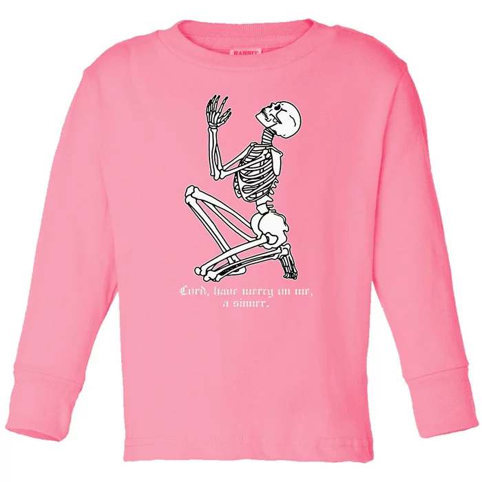 Skeleton Praying X Lord Have Mercy Sinner Gothic Blackwork Toddler Long Sleeve Shirt