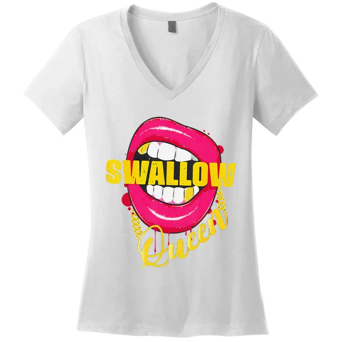 Swallow Queen Lips Golden Necklace Naughty Queen Women's V-Neck T-Shirt