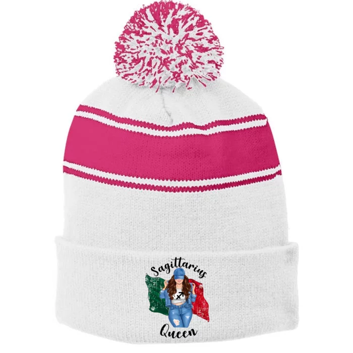 Sagittarius Queen Mexican Queen Mexico Flag Zodiac Great Gift Stripe Pom Pom Beanie