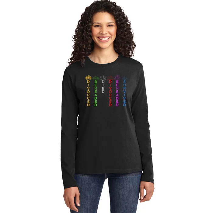 Six Queens Of Henry Viii Crowns And Fates Ladies Long Sleeve Shirt