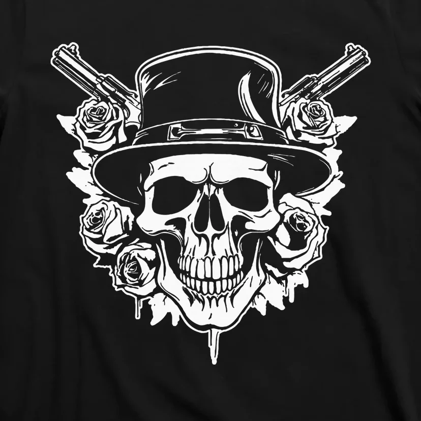 Skeleton Roses 1980s Glam Rock 80s Guitar Guns Skull Roses T-Shirt