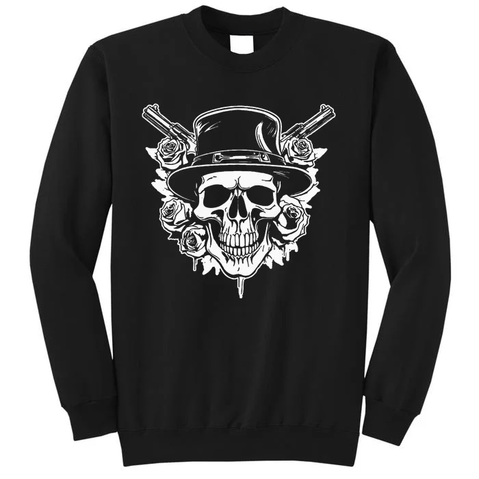 Skeleton Roses 1980s Glam Rock 80s Guitar Guns Skull Roses Tall Sweatshirt