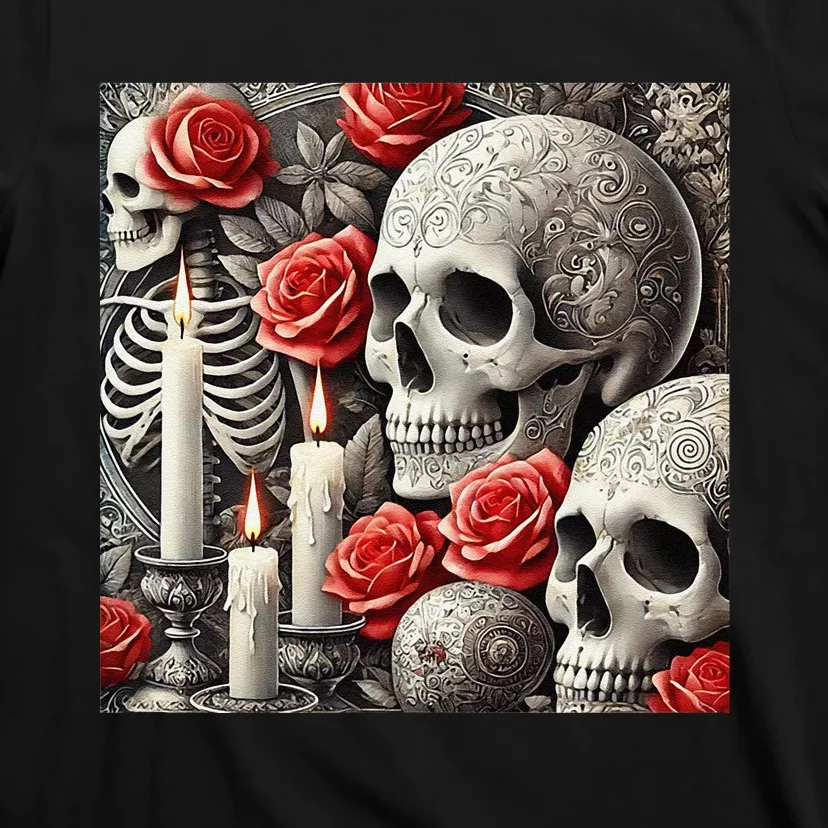 Skulls Roses And Candles Halloween Thrills Spooky Scary T-Shirt