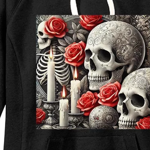 Skulls Roses And Candles Halloween Thrills Spooky Scary Women's Fleece Hoodie