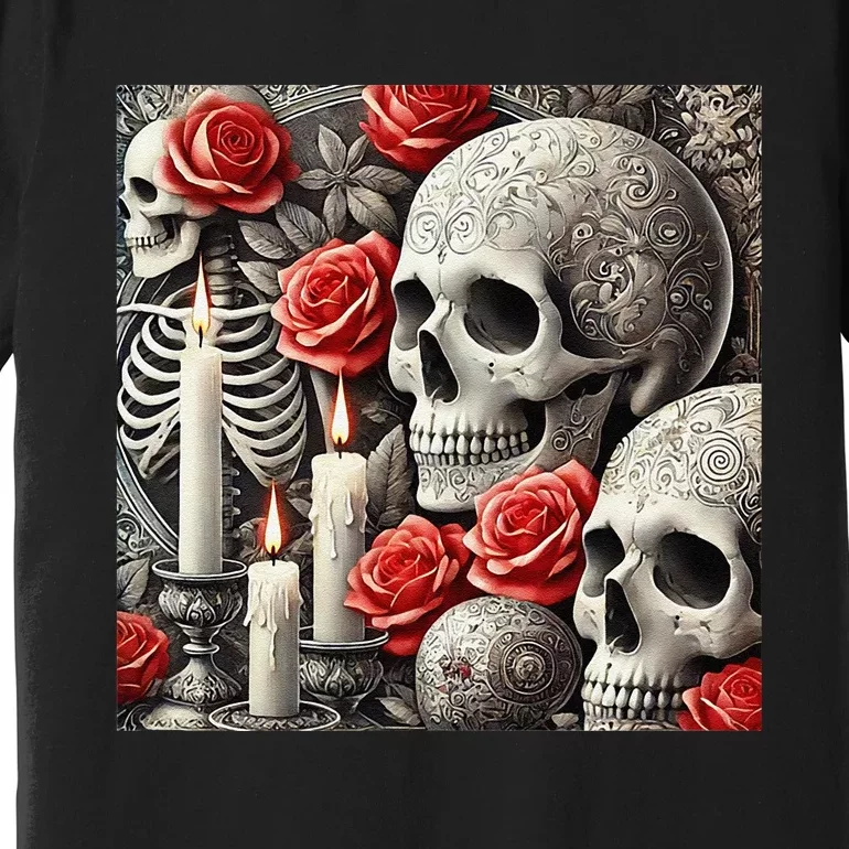 Skulls Roses And Candles Halloween Thrills Spooky Scary Premium T-Shirt