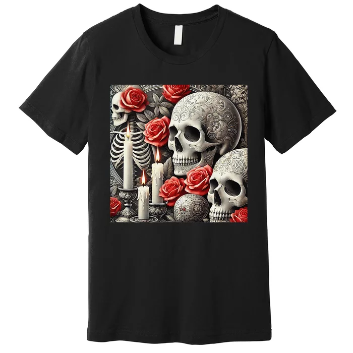 Skulls Roses And Candles Halloween Thrills Spooky Scary Premium T-Shirt